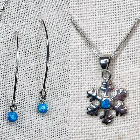 Silver 925 Simulated Fire Opal Snowflake 18" Necklace + Drop Earring Set Jewelry - Picture 1 of 16